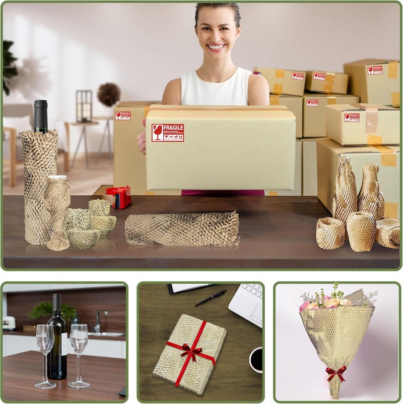 Pordrick Honeycomb Packing Paper Wrap 15''x250', Substitute Alternative for Bubble Cushioning Wrap for Moving Shipping Packaging, Recyclable Moving Supplies with 60 Fragile Sticker Labels - Image 5